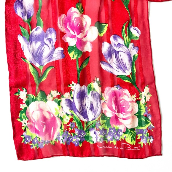 vintage Oscar de la Renta red floral print silk scarf - Picture 6 of 11